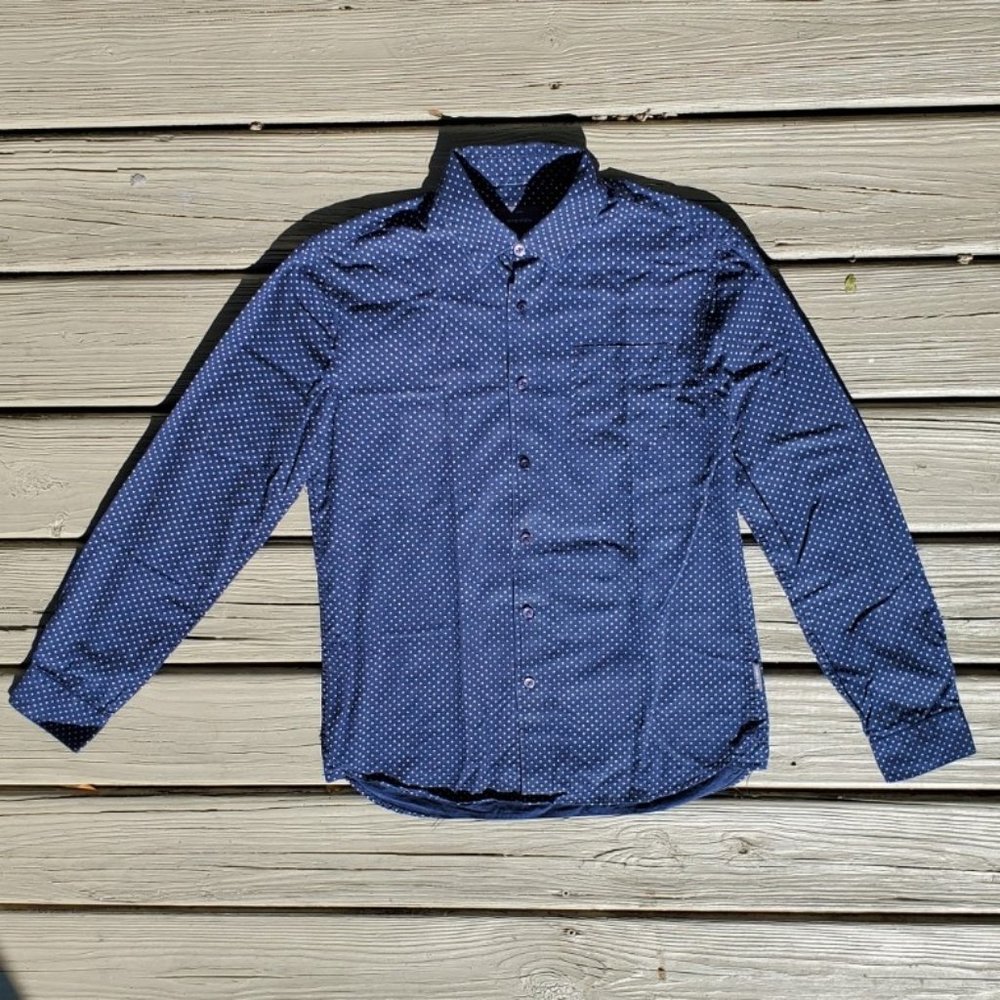 PETER WERTH London Navy Blue with White Polka Dot Long Sleeve Shirt